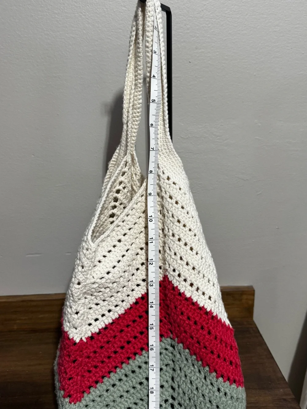 Handmade Crochet Hobo Tote Bag Boho Knit Shoulder Bag Cream Red Gray